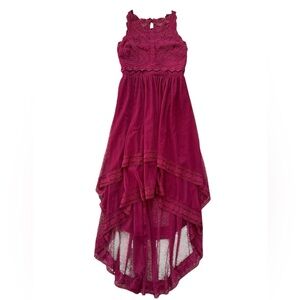 Layered tulle and lace high-low maroon dress